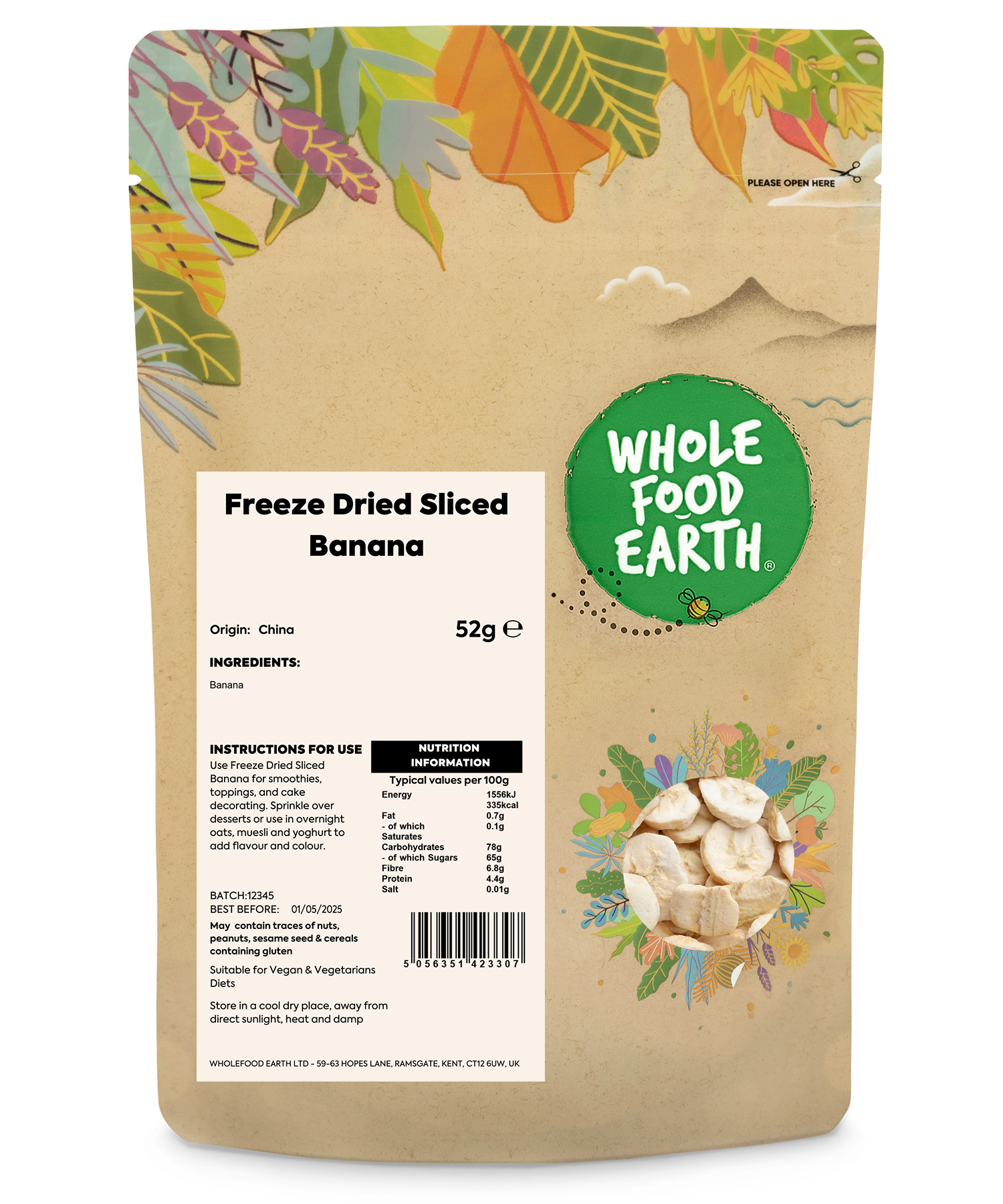 Freeze dried sliced bananas from Whole Food Earth, a healthy dried fruit snack with crispy banana slices.