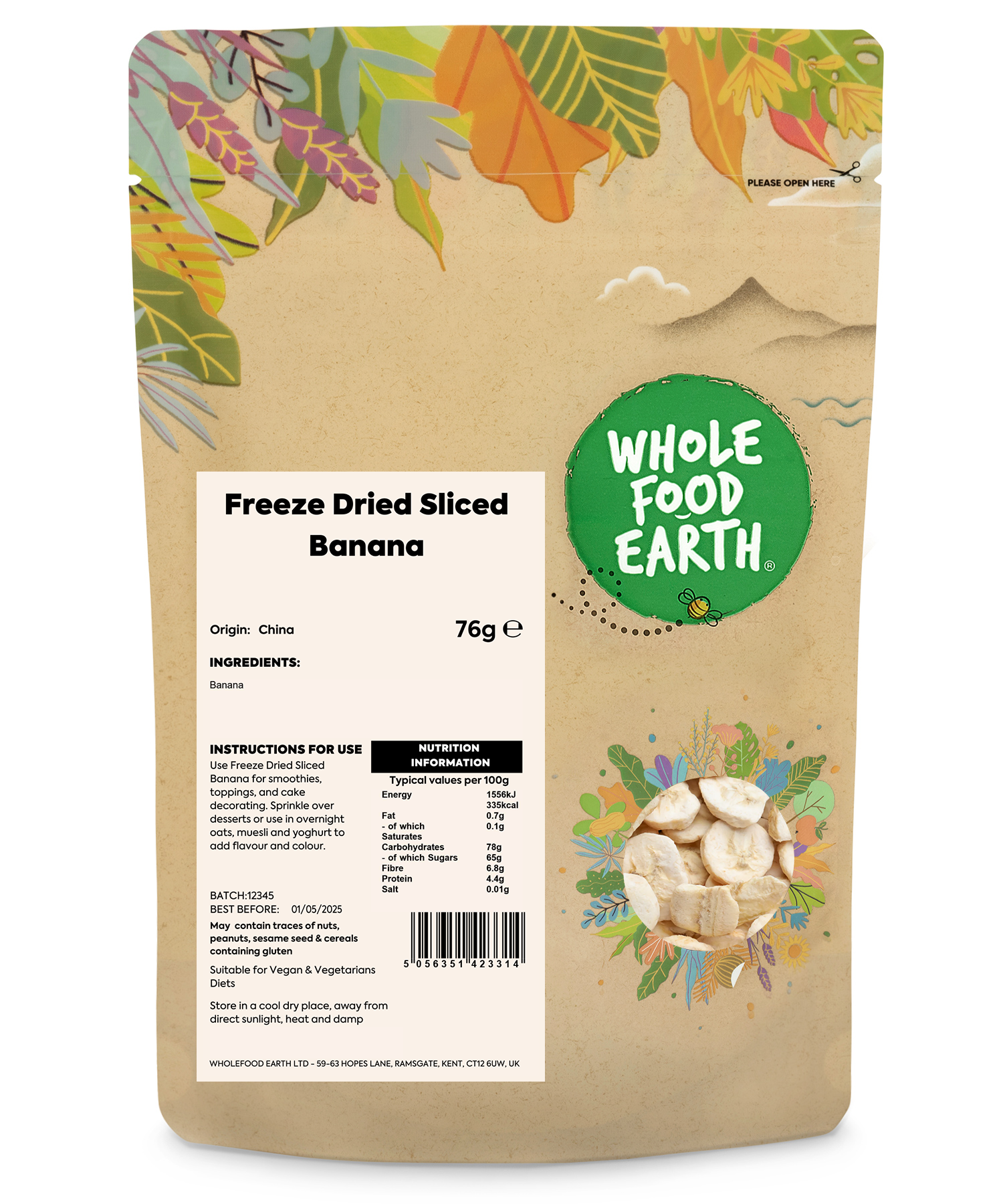Dried sliced bananas from Whole Food Earth, freeze-dried fruit snack with golden banana slices on a white background.