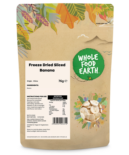 Dried sliced bananas from Whole Food Earth, freeze-dried fruit snack with golden banana slices on a white background.