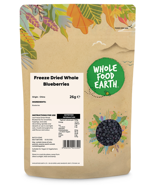 Freeze dried whole blueberries by Whole Food Earth, dried fruit snack with vibrant blue berries and natural texture.