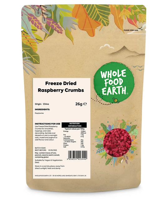 Freeze dried raspberry crumbs from Whole Food Earth, dried fruit with vibrant red raspberry pieces and crumbly texture.
