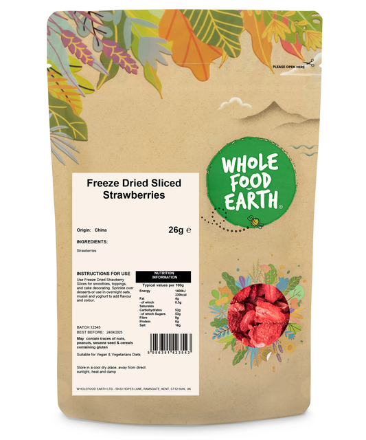 Sliced freeze-dried strawberries from Whole Food Earth, dried fruit snack with vibrant red color and natural texture.