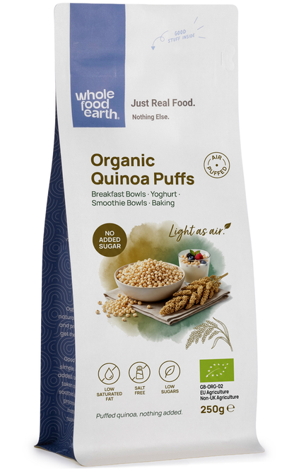 Organic quinoa puffs from Whole Food Earth, light and crunchy grains suitable for cereals or snacks.