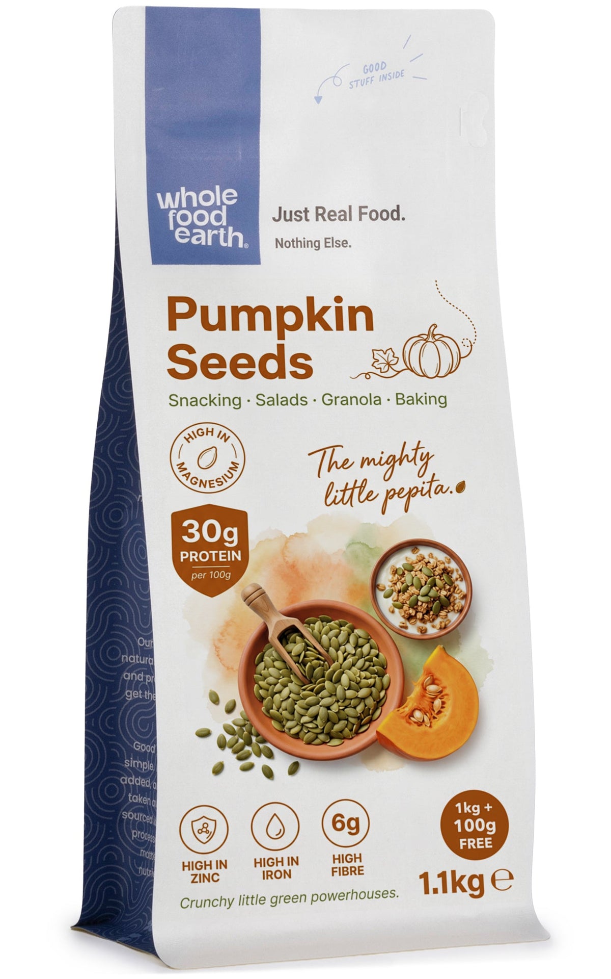 Whole Food Earth pumpkin seeds, raw nuts and seeds, shown in a close-up image with green shells and textured surface