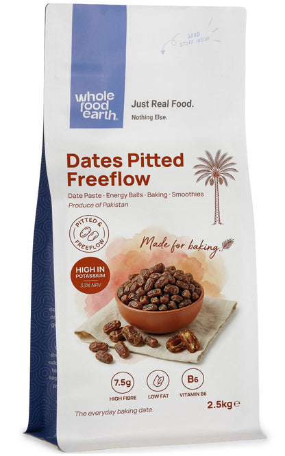 Pitted Whole Food Earth Dates, dried fruit, freeflow package showing fresh, sticky, and sweet pitted dates on a neutral background.