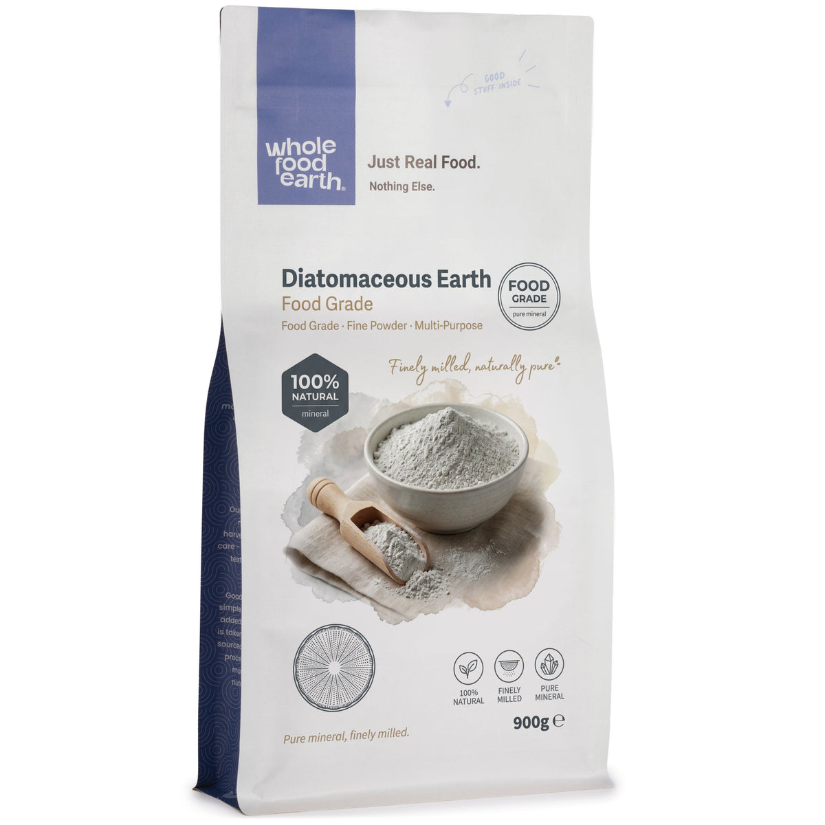 Food grade diatomaceous earth mineral from Whole Food Earth, showing a fine white powder in a natural setting.