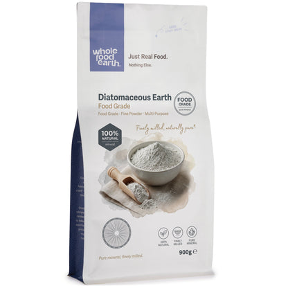 Food grade diatomaceous earth mineral from Whole Food Earth, showing a fine white powder in a natural setting.