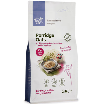 Whole Food Earth porridge oats cereal in a clear bowl, showing the textured, rolled oats ready for breakfast.
