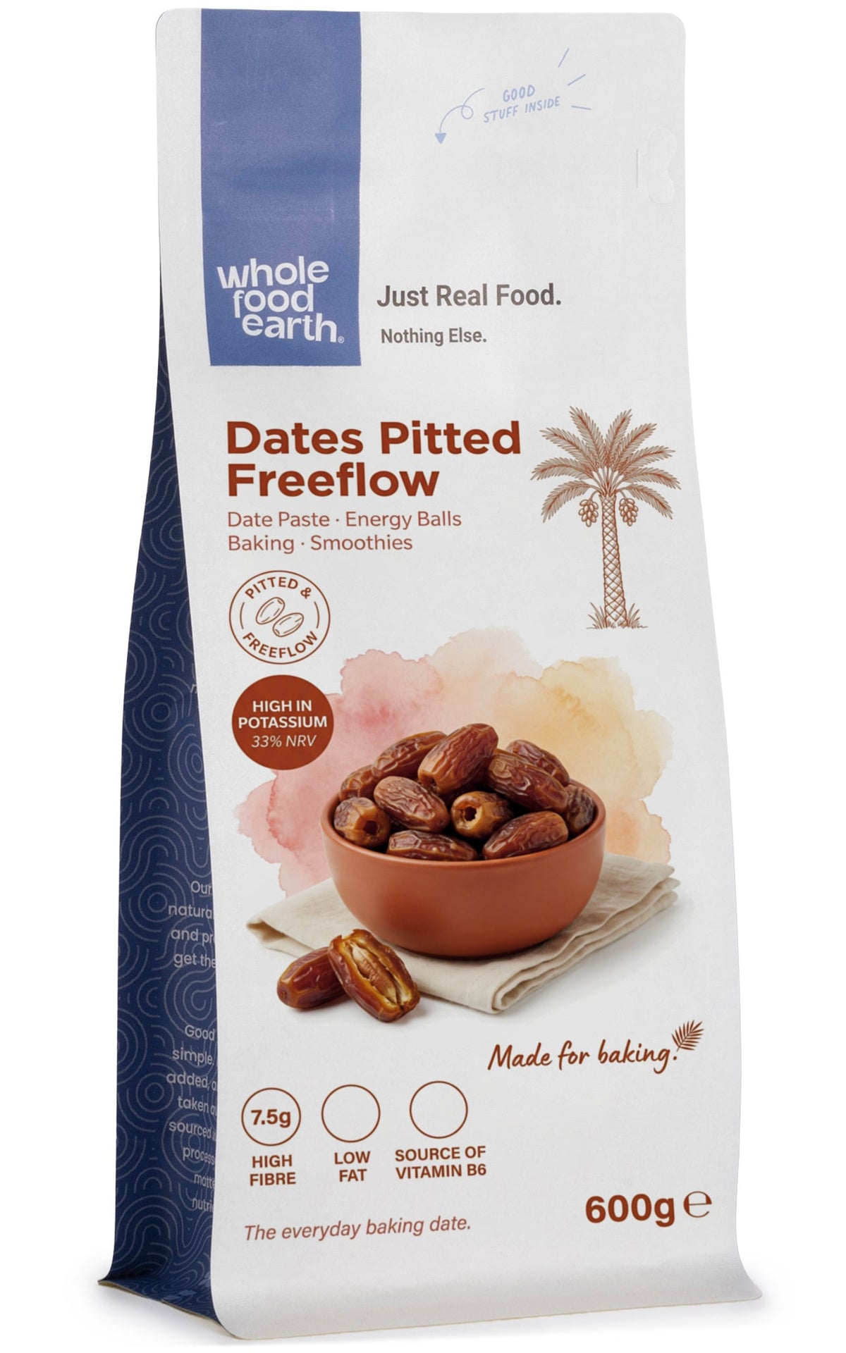 A close-up of Whole Food Earth Dates Pitted Freeflow dried fruit in a clear container, showcasing shiny, dark brown pitted dates.