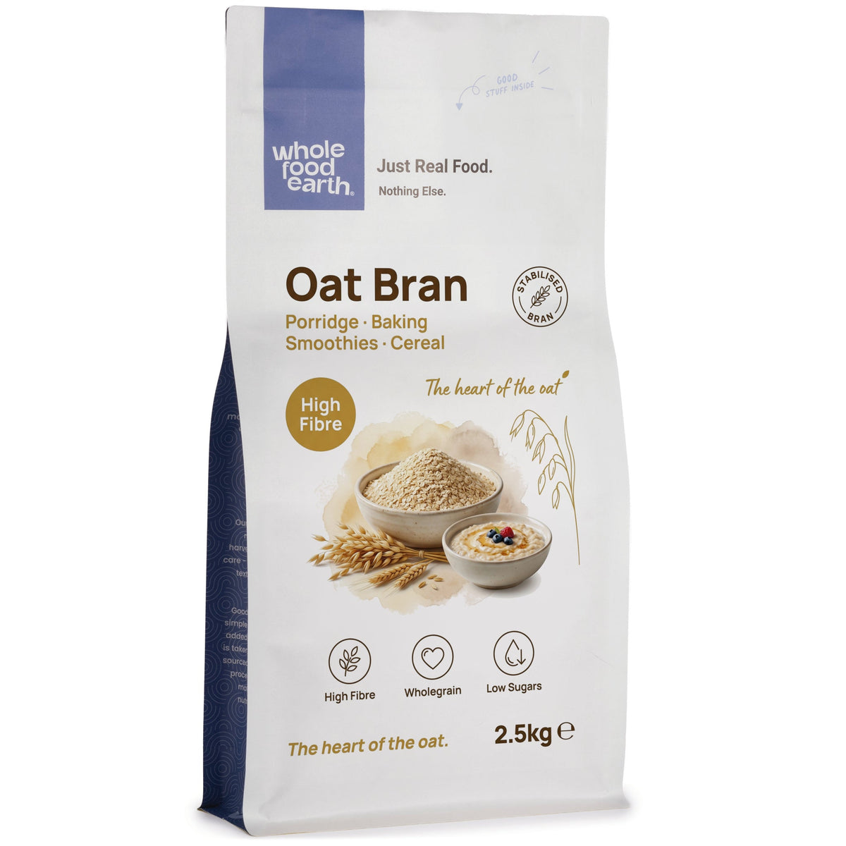 Whole Food Earth oat bran cereal in a bowl, close-up of the textured oat bran flakes on a white background.