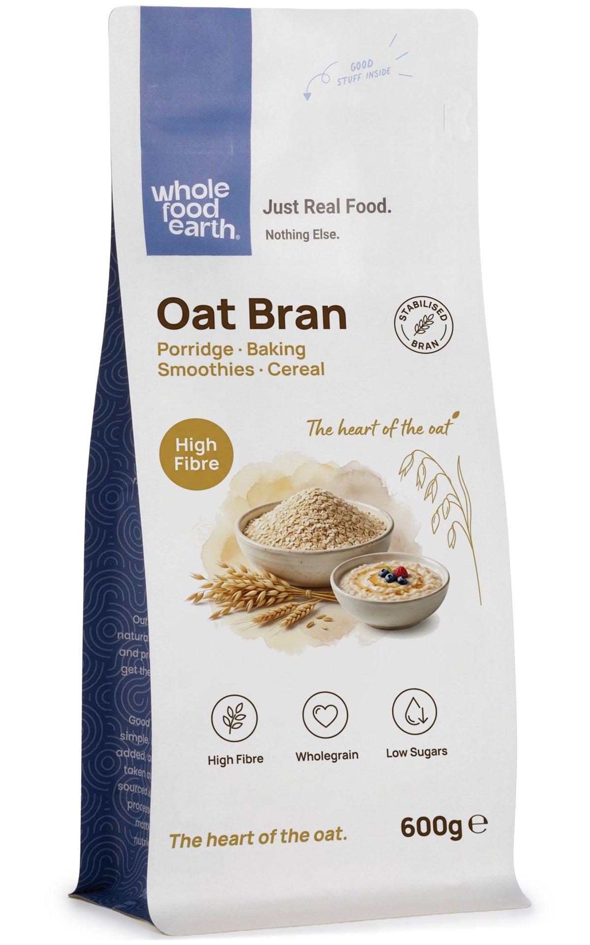 Whole Food Earth oat bran cereal in a bowl with a spoon, close-up of the wholesome, textured bran flakes.
