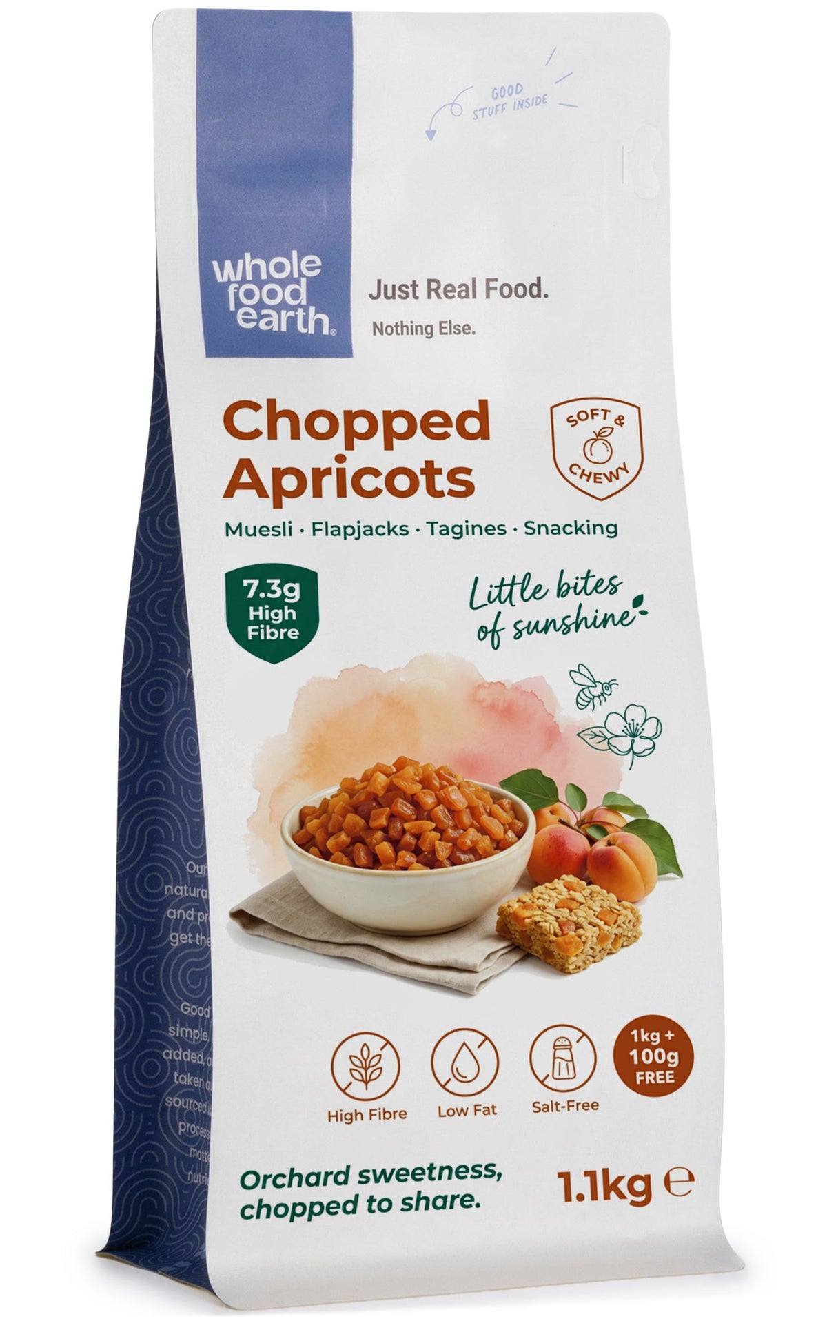 Dried chopped apricots by Whole Food Earth, showing small, orange dried fruit pieces in a clear bowl or container.