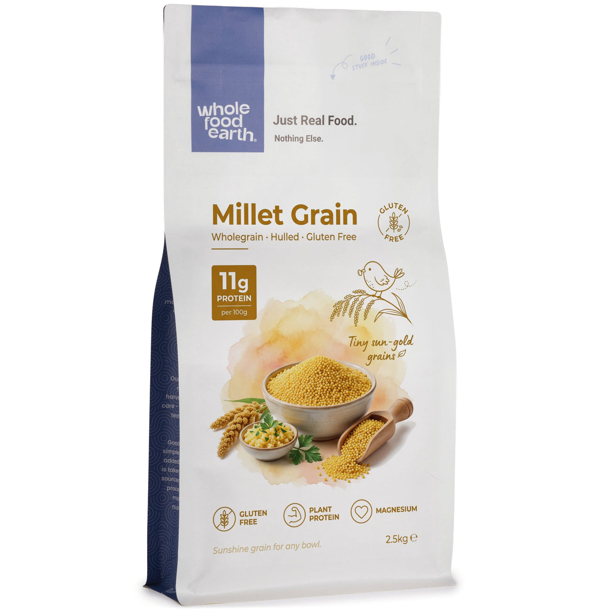 Whole Food Earth millet grain in a clear bowl, showing small, round, light-colored millet seeds for healthy cooking and baking.