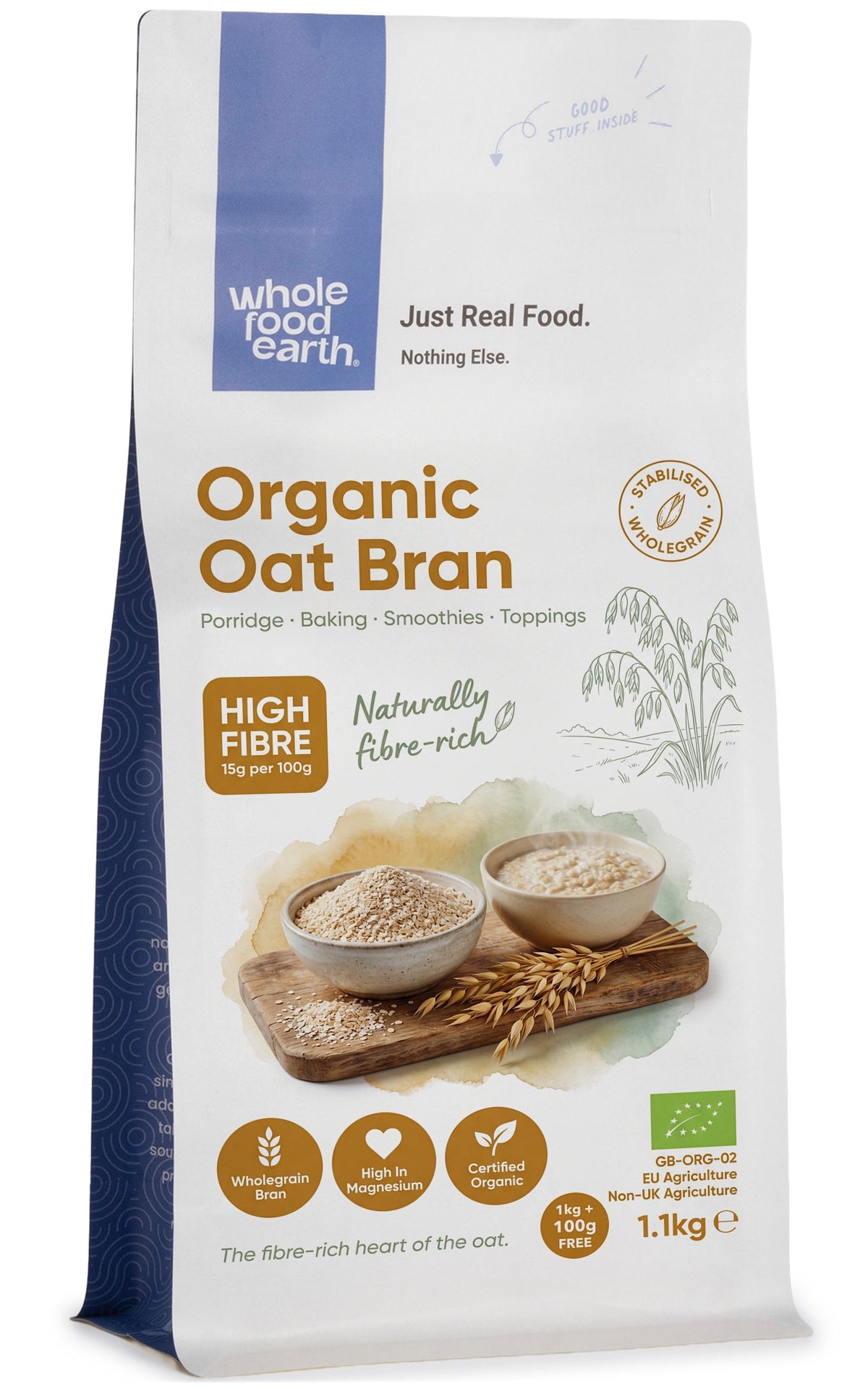 Organic oat bran cereal from Whole Food Earth in a clear bag, showing the textured oat bran grains inside.