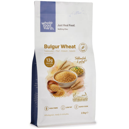 Whole Food Earth bulgar wheat in a bowl, showcasing the coarse textured, natural bulgur grain on a neutral background.