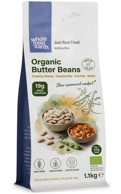 Organic butter beans from Whole Food Earth in a bowl, showcasing smooth, creamy beans with a light beige color and firm texture.