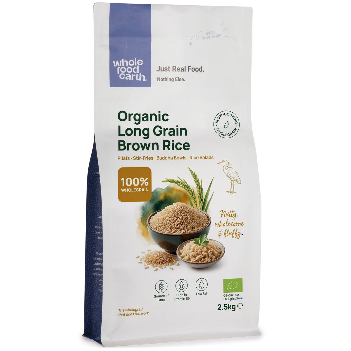 Organic long grain brown rice from Whole Food Earth, showing a clear view of the uncooked rice grains in a natural setting.