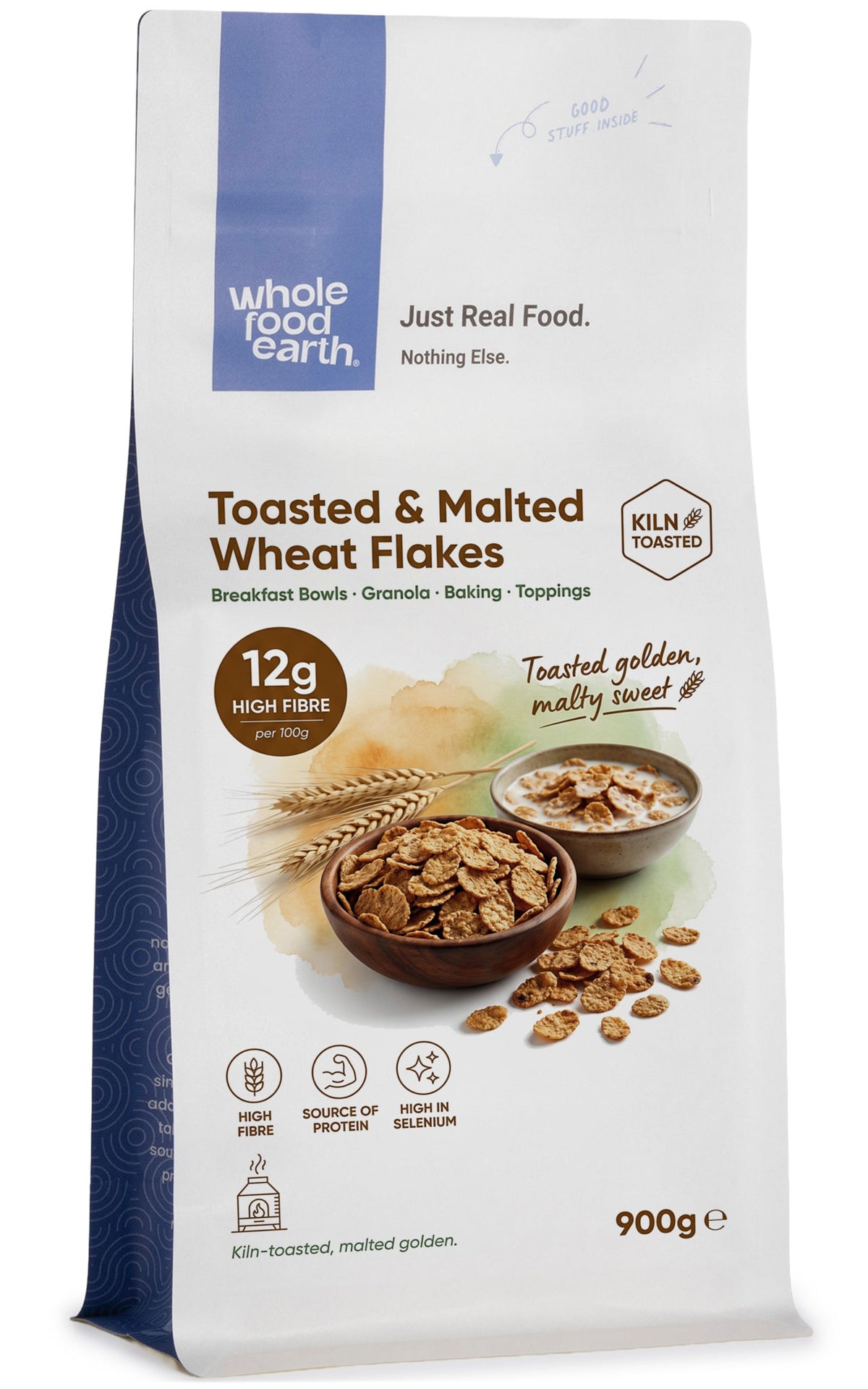 Whole Food Earth toasted and malted wheat flakes cereal in a bowl, showing golden-brown crispy wheat flakes.