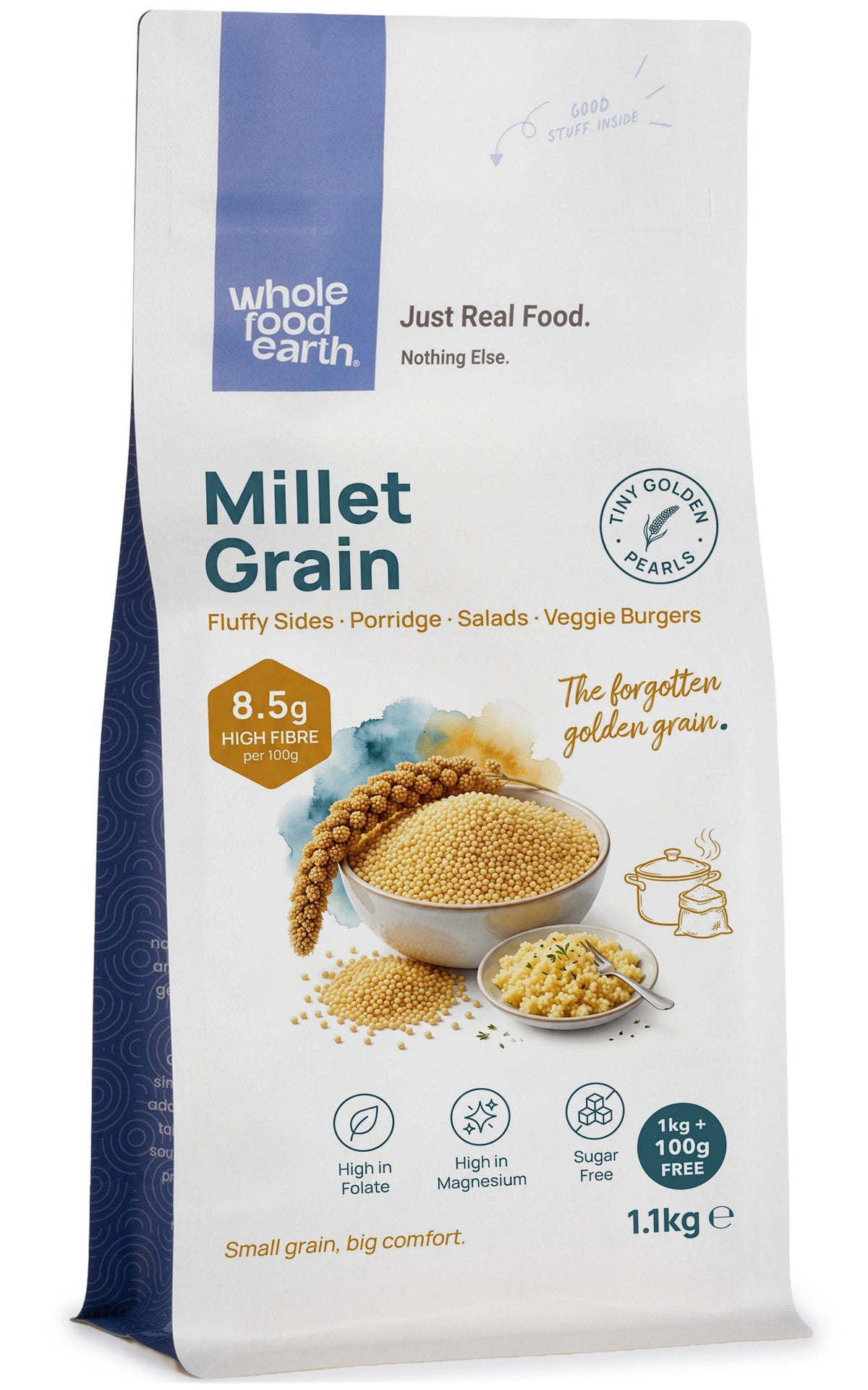 Whole Food Earth millet grain in a clear container, showing small, round, yellowish millet used for cooking and baking.