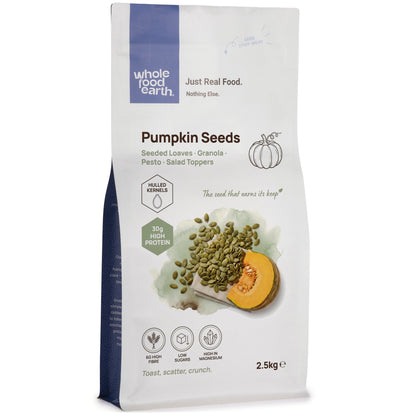 Whole Food Earth pumpkin seeds, a nutritious nuts and seeds snack, shown in a close-up image highlighting their shell and texture.