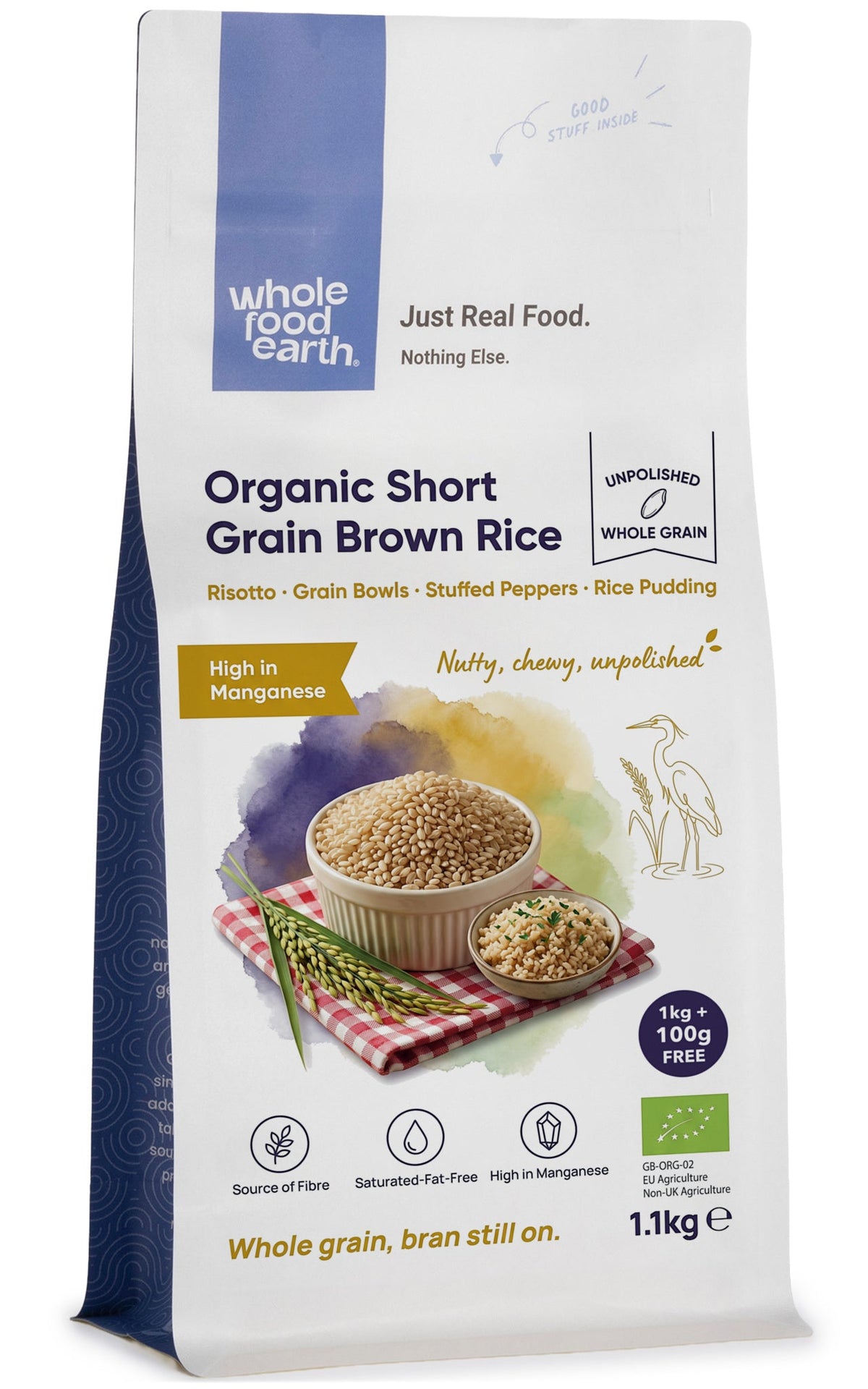 Organic short grain brown rice from Whole Food Earth, showing brown rice grains in a clear bowl on a white background.