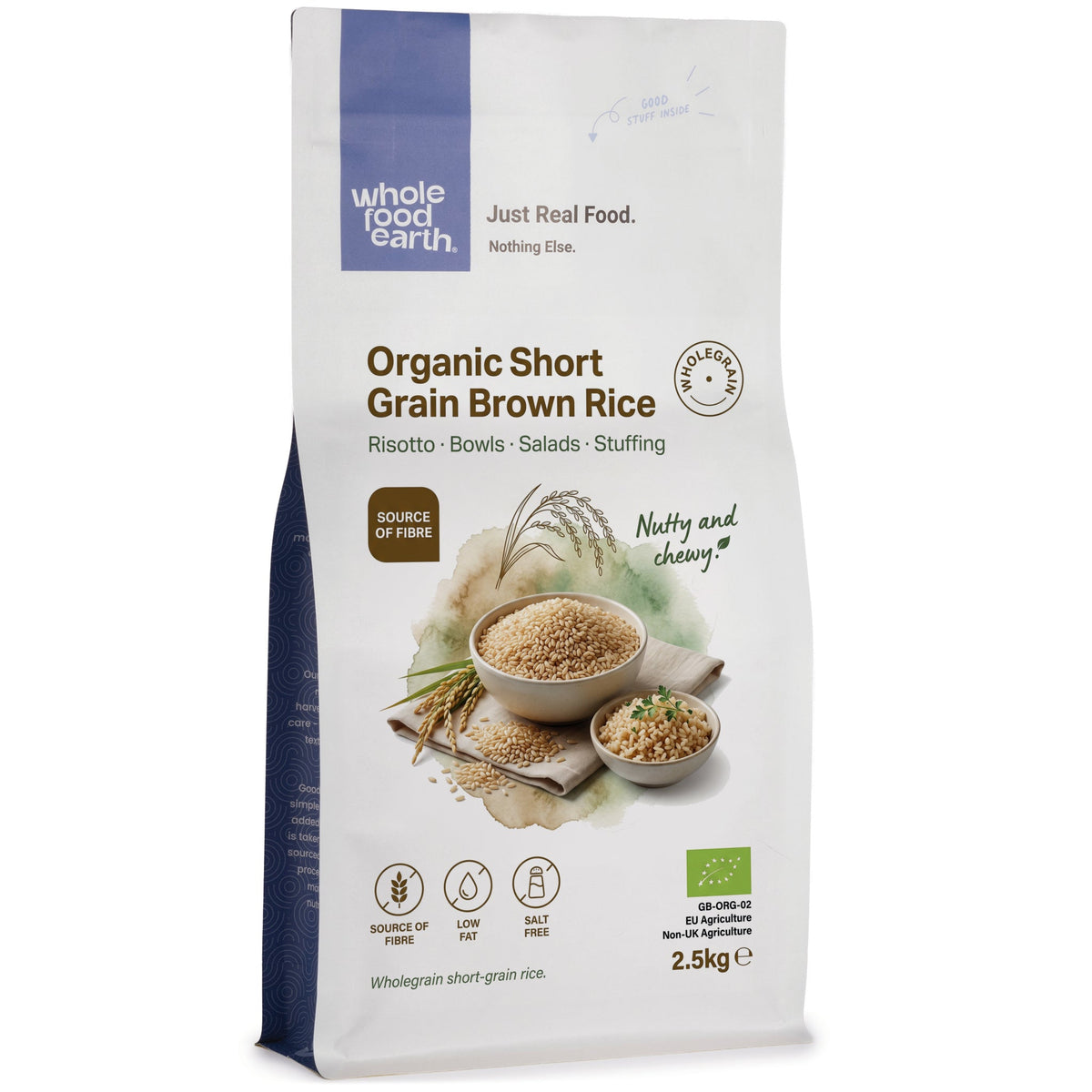 Organic short grain brown rice from Whole Food Earth, showing a close-up of light brown, unprocessed rice grains in a bowl.