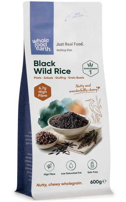 Whole Food Earth black wild rice from USA, a natural rice and couscous product with deep black grains on a white background.