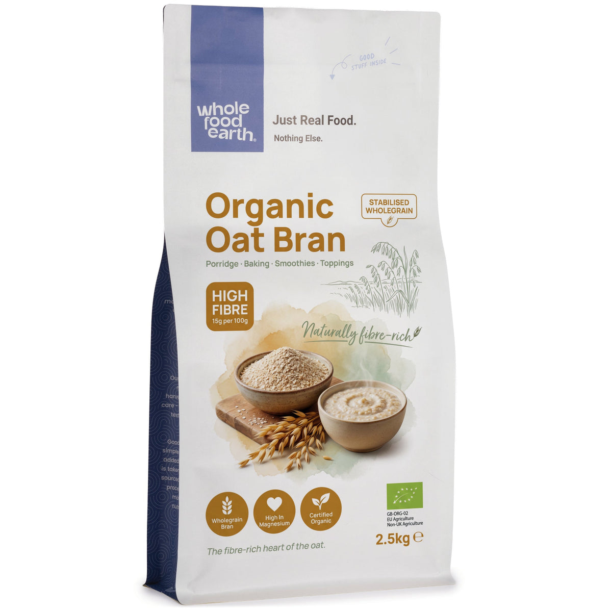 Whole Food Earth organic oat bran cereal in a clear bowl, showcasing its textured, fibrous appearance.
