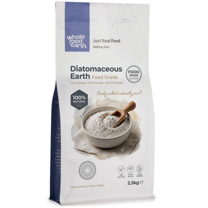 Food grade diatomaceous earth mineral from Whole Food Earth, showing a fine, white powder used for health and pest control.