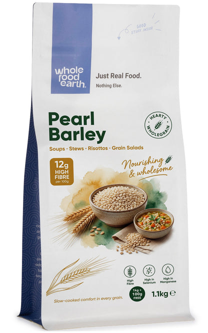 Whole Food Earth pearl barley grains in a clear container, showcasing the round, light-colored cereal suitable for soups and salads.