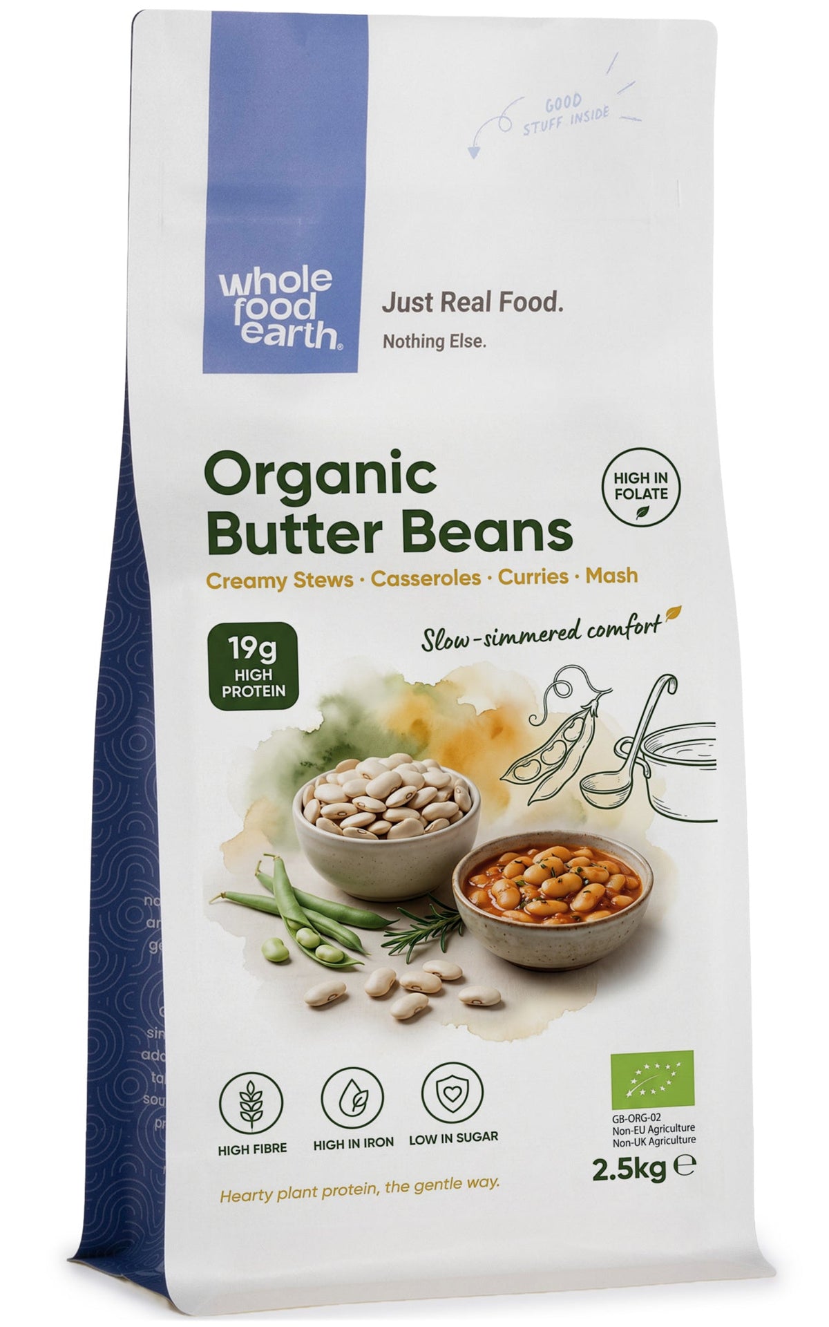 Organic Butter Beans from Whole Food Earth, whole beans in a bowl, fresh and ready for cooking or salads.