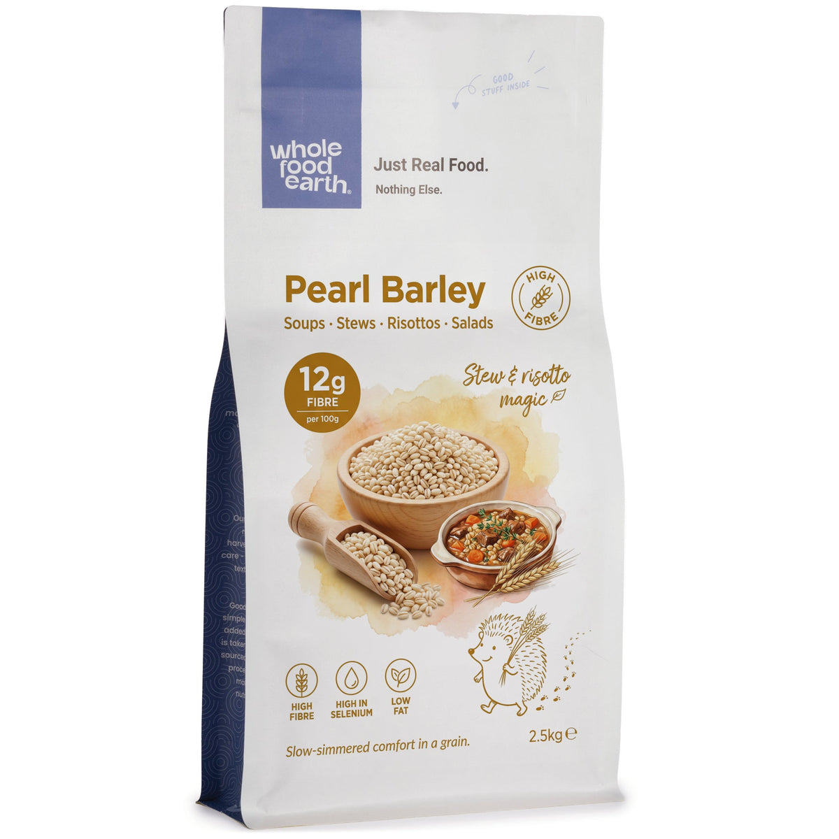 Whole Food Earth pearl barley in a bowl, showcasing its round, light-colored grains as part of the flours and grains category.