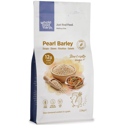 Whole Food Earth pearl barley in a bowl, showcasing its round, light-colored grains as part of the flours and grains category.