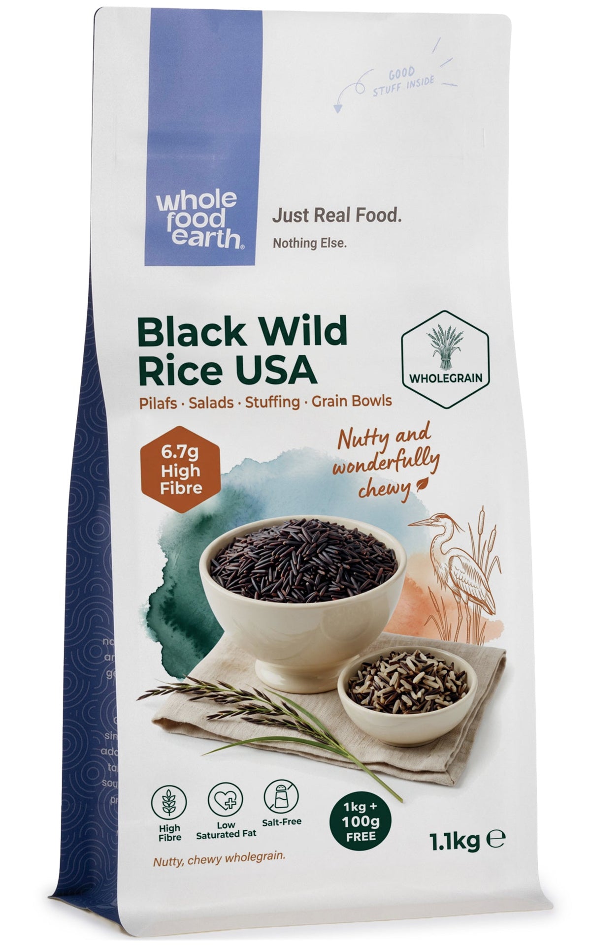 Whole Food Earth black wild rice, USA-grown, in a clear container showing the long, dark grains of rice and couscous.