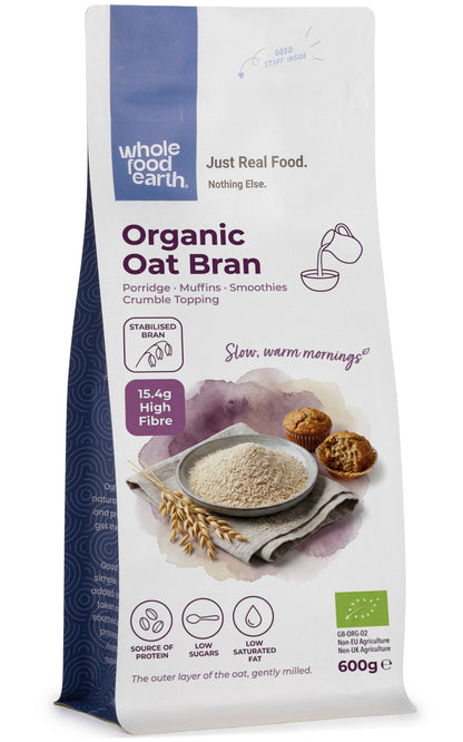 Organic oat bran cereal from Whole Food Earth, close-up of a bowl of creamy, textured oat bran cereal with oats in the image.