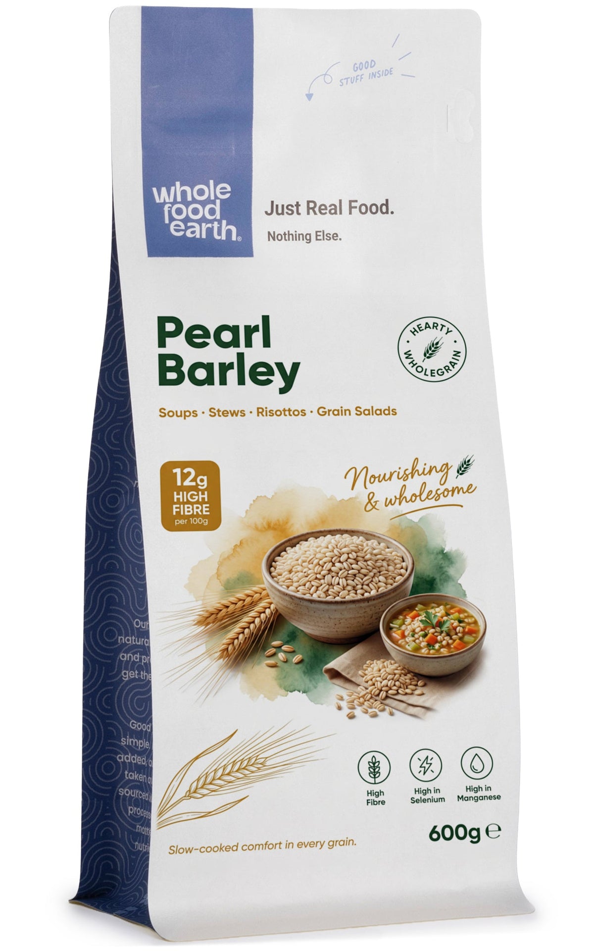 Whole Food Earth pearl barley in a bowl, showing the round, light-colored grains of this flours and grains product.