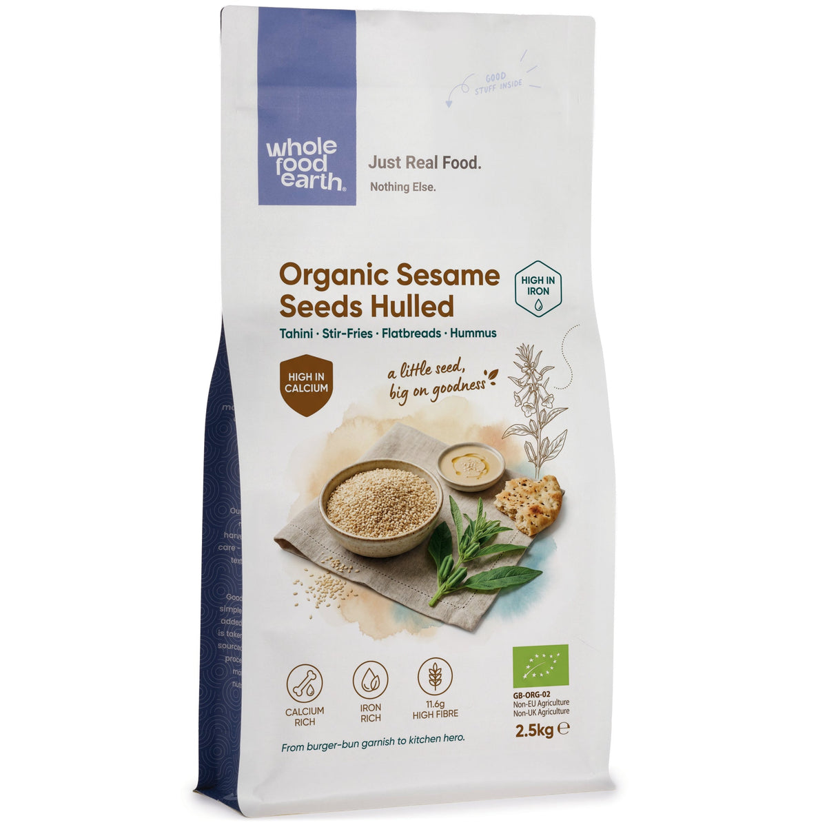 Organic hulled sesame seeds from Whole Food Earth, shown in a clear image highlighting their small, smooth, light tan seeds.