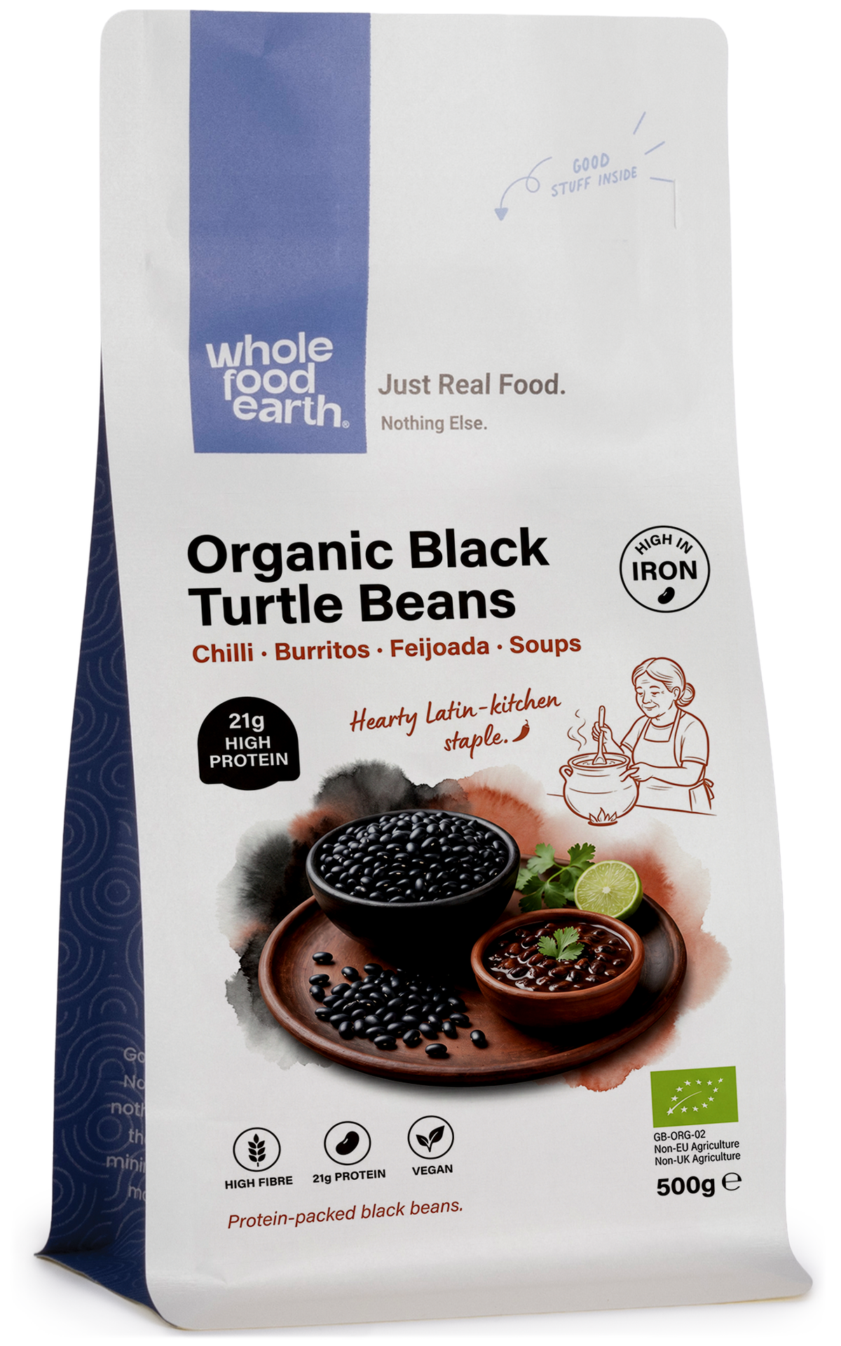 Organic black turtle beans from Whole Food Earth, showing a close-up of shiny, black beans in a bowl.