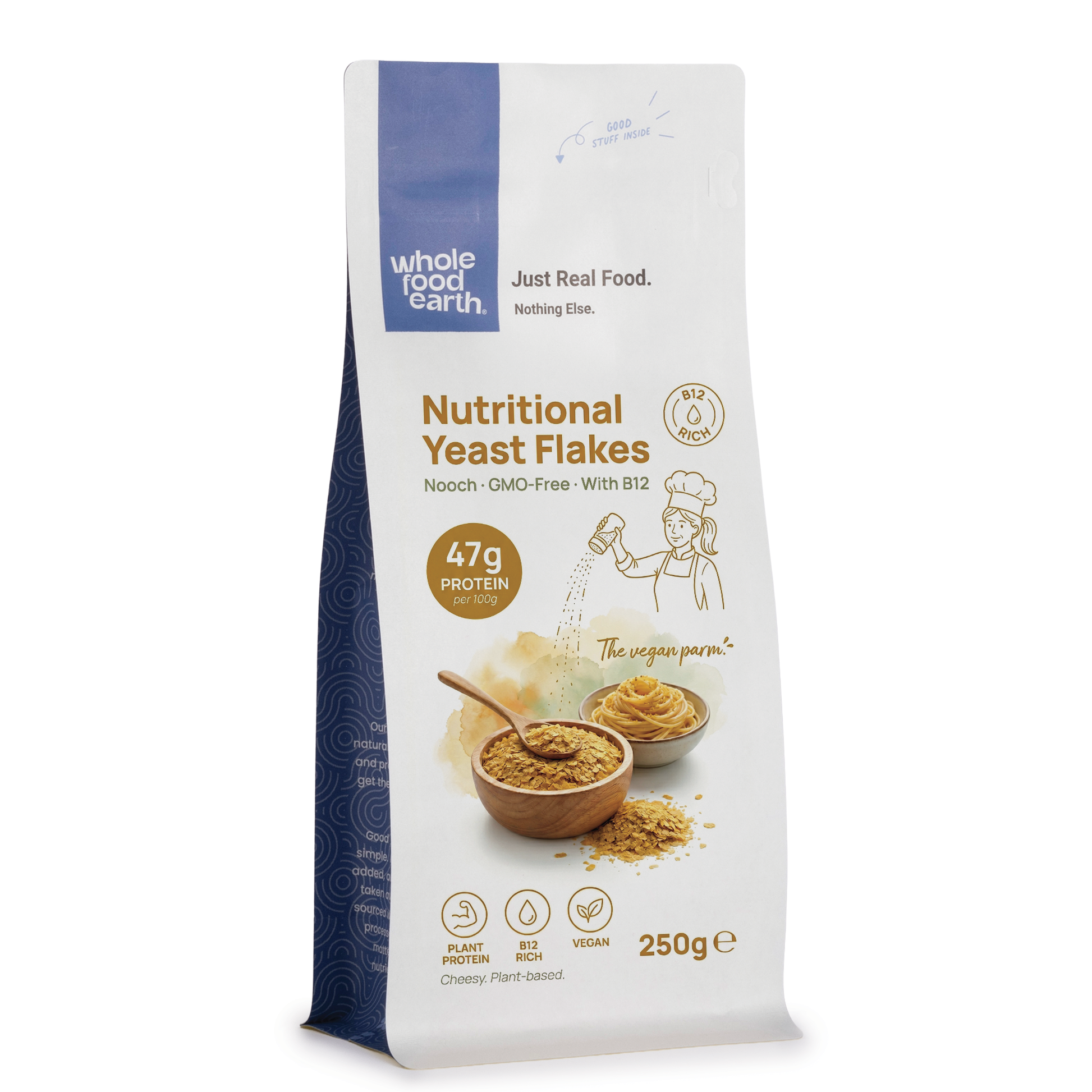 Whole Food Earth nutritional yeast flakes with B12, a nut and seed product, showing a close-up of the yellow flakes in a bowl.