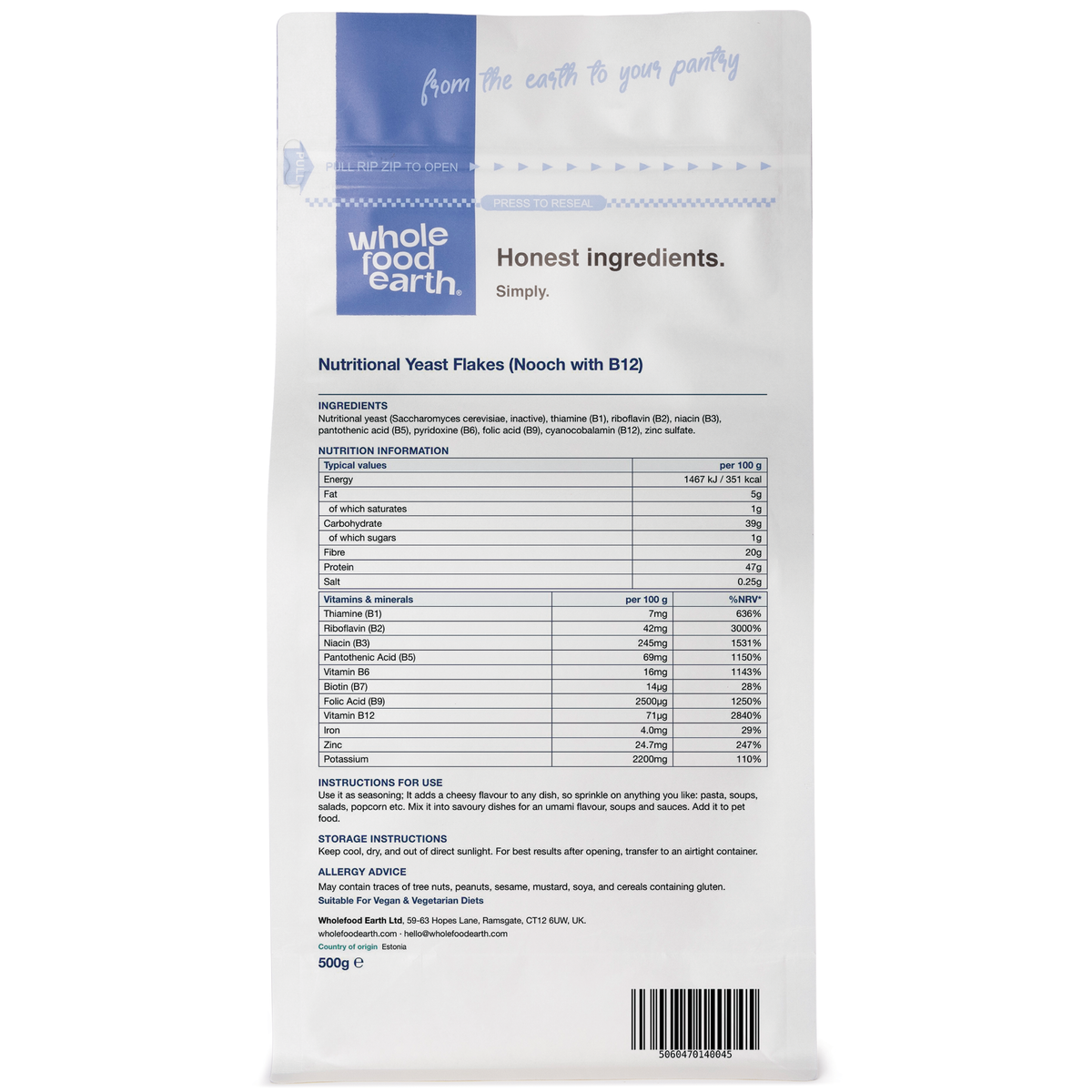 Whole Food Earth nutritional yeast flakes with B12, displayed in a 3D back view, for adding savory flavor and nutrients to dishes.