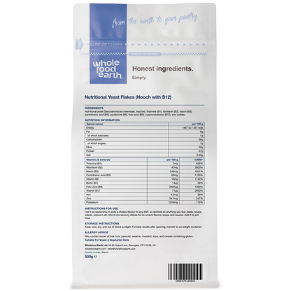 Whole Food Earth nutritional yeast flakes with B12, displayed in a 3D back view, for adding savory flavor and nutrients to dishes.