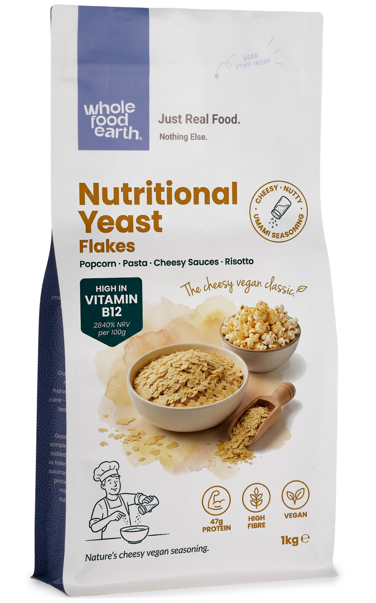 Nutritional yeast flakes with B12 from Whole Food Earth, nooch, in a clear container, showing yellow, flaky nutritional supplement for nuts and seeds.