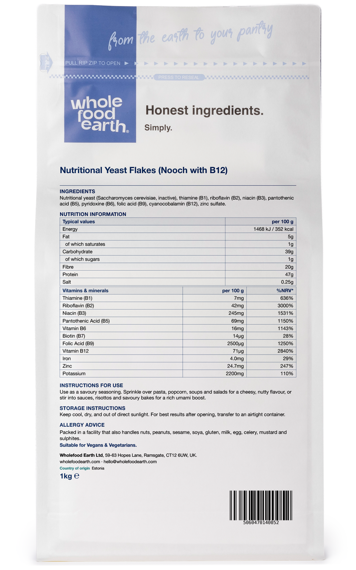 Whole Food Earth nutritional yeast flakes (Nooch) with B12 in a clear container, showing the flaky yellow nutritional yeast product.