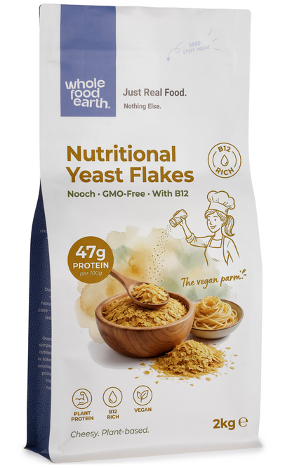 Whole Food Earth nutritional yeast flakes with B12, a vegan-friendly nut and seed supplement, shown in the image.