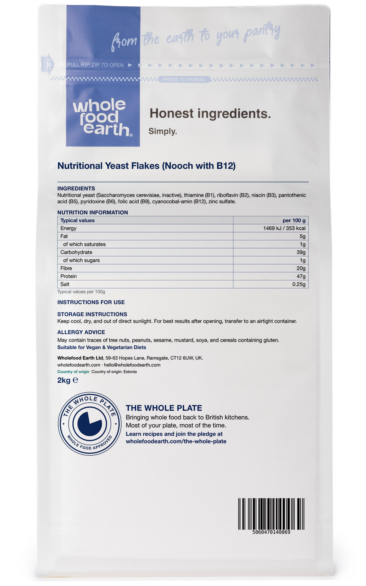 Whole Food Earth nutritional yeast flakes with B12, a nuts and seeds product, shown in a 3D back view image.