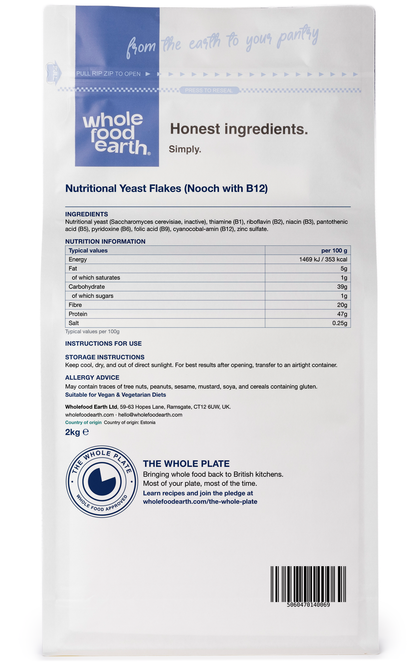 Whole Food Earth nutritional yeast flakes with B12, a nuts and seeds product, shown in a 3D back view image.