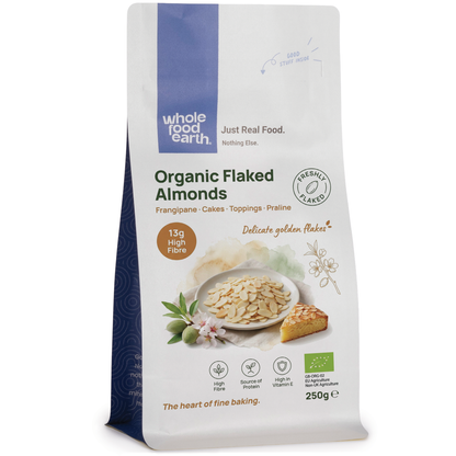 Organic flaked almonds from Whole Food Earth, close-up of light brown, sliced almonds in a bowl, highlighting nuts and seeds product.