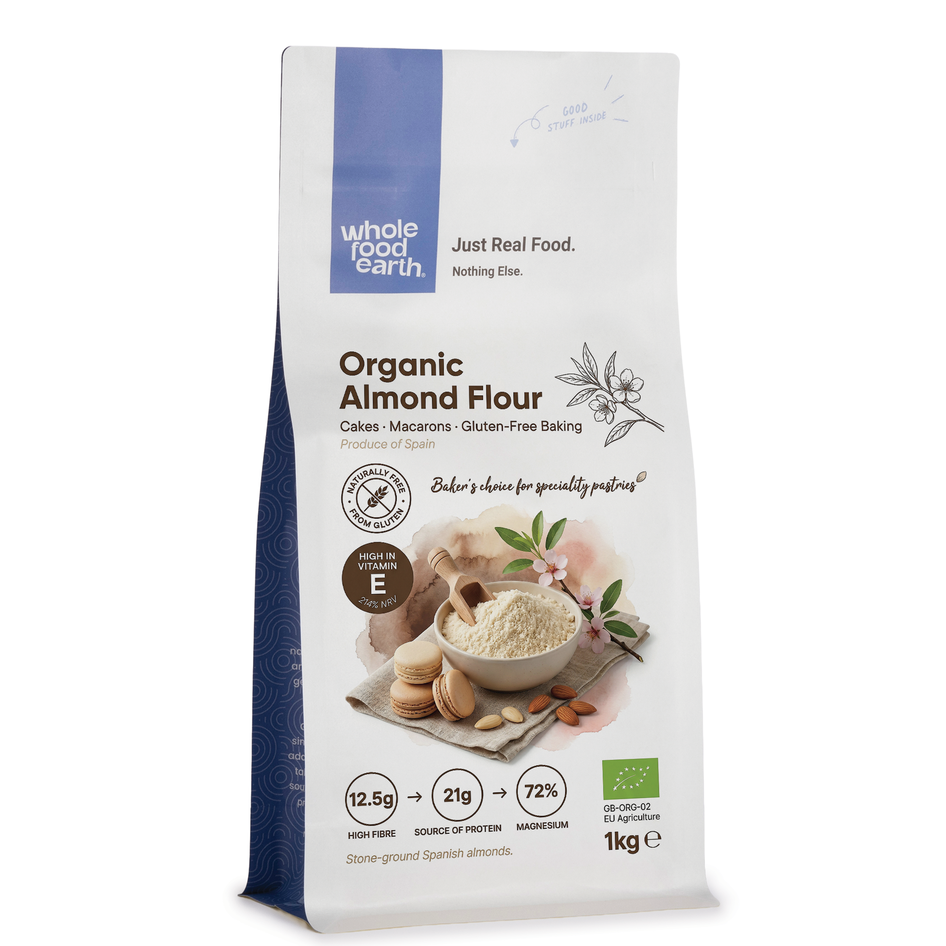Whole Food Earth organic almond flour in 100g to 10kg packages, finely ground nut meal for baking and cooking.