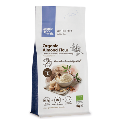 Whole Food Earth organic almond flour in 100g to 10kg packages, finely ground nut meal for baking and cooking.