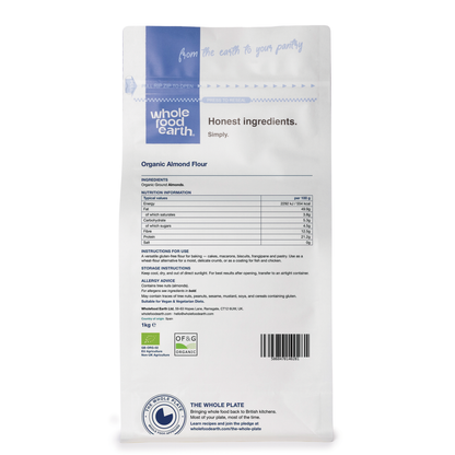 Whole Food Earth organic almond flour in 100g to 10kg packaging, displaying fine ground almonds for baking and cooking.
